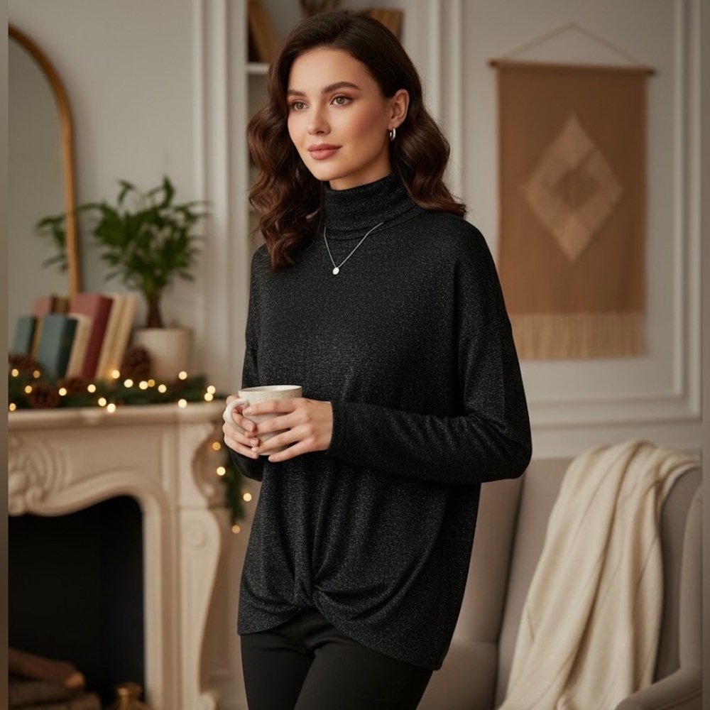 Jennifer Lopez Black Metallic Lightweight Knit Long Sleeve Turtleneck Top XLarge